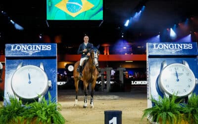 Rodrigo da Silva Reis com Kim Nova JMen comemora vitória no 1º Internacional da carreira no 35º Indoor